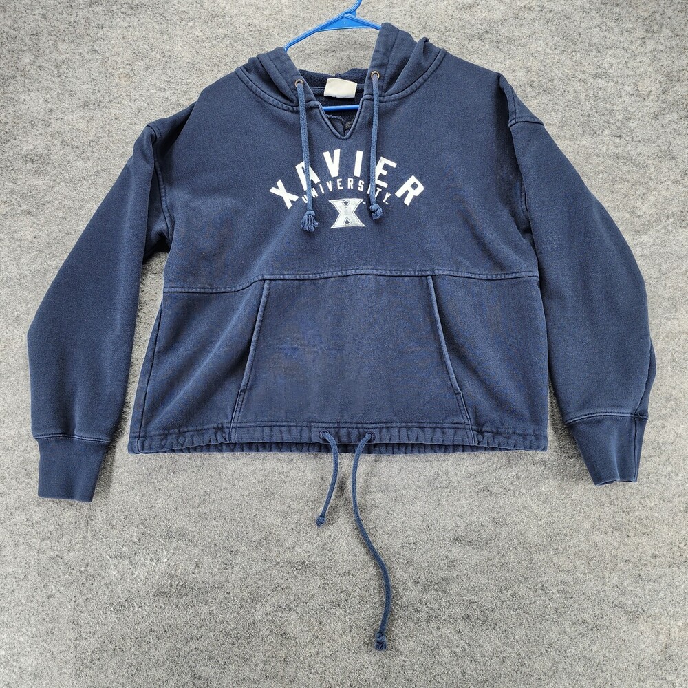 Champion Reverse Weave Hoodie Womens Medium Xavier University Cropped Blue